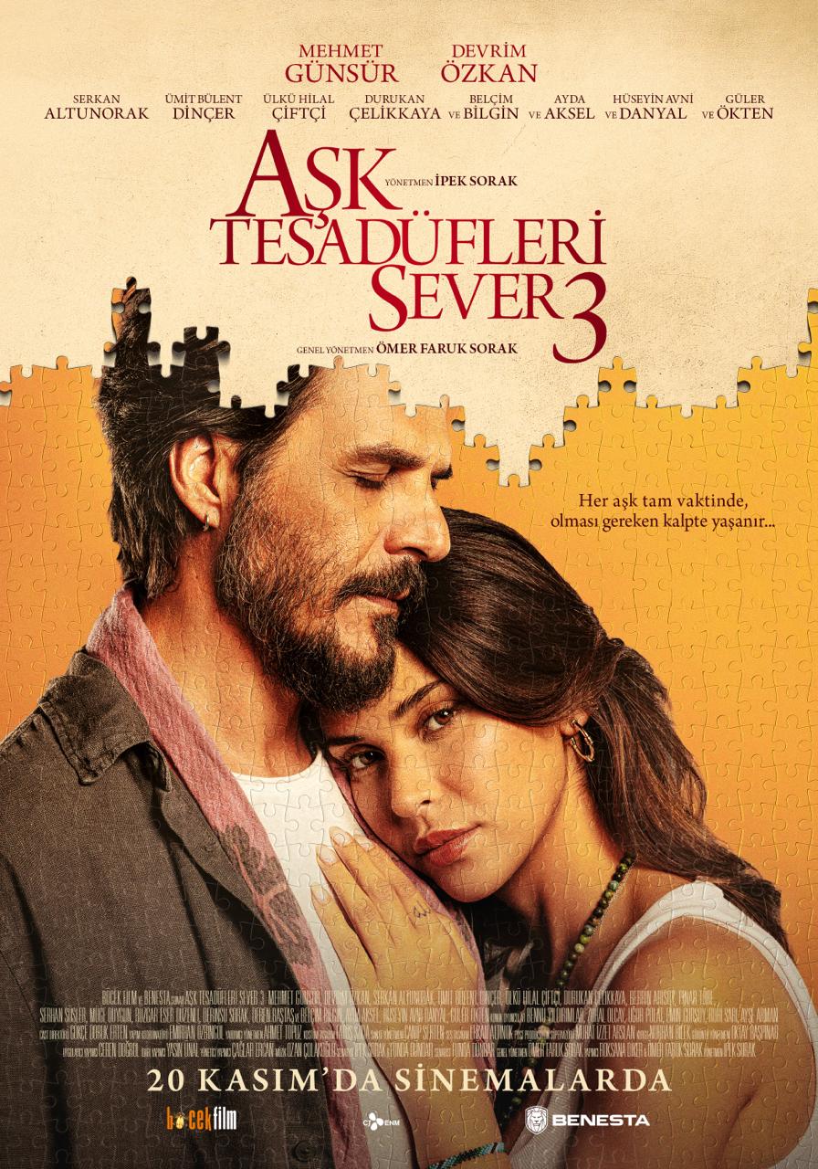 Mehmet Günsür ve Devrim Özkan’ın yer aldığı, yapboz desenli Aşk Tesadüfleri Sever 3 afişi